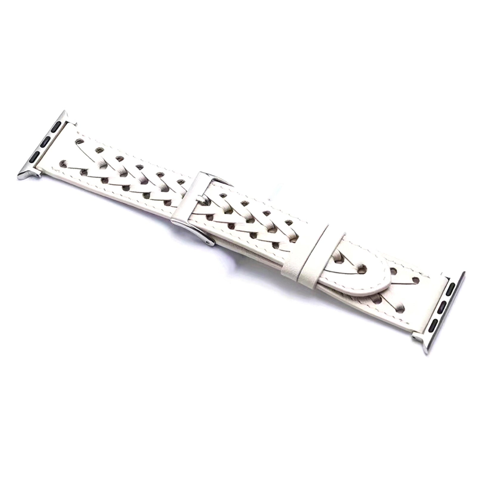 For Apple Watch Ultra 49mm / Series 8 45mm / 7 45mm / Series 6 / 5 / 4 / SE 44mm / SE (2022) 44mm / Series 1 / 2 / 3 42mm Hollow-out Woven Watch Strap Genuine Leather V-shaped Wrist Band - White
