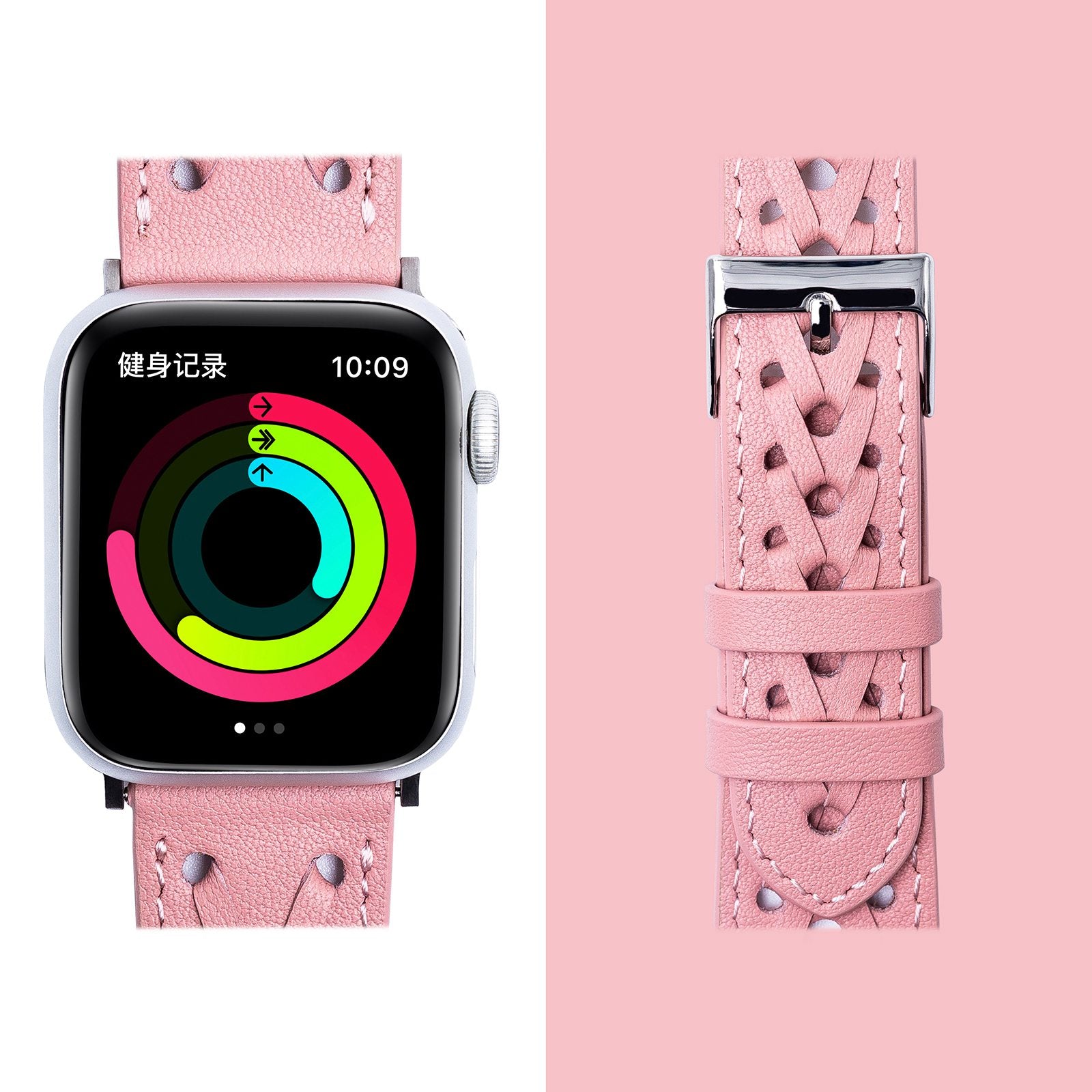 For Apple Watch Series 8 41mm / Series 7 41mm / Series 6 / 5 / 4 / SE / SE(2022) 40mm / Series 1 / 2 / 3 38mm V-Shaped Woven Watch Strap Genuine Leather Wrist Band - Pink