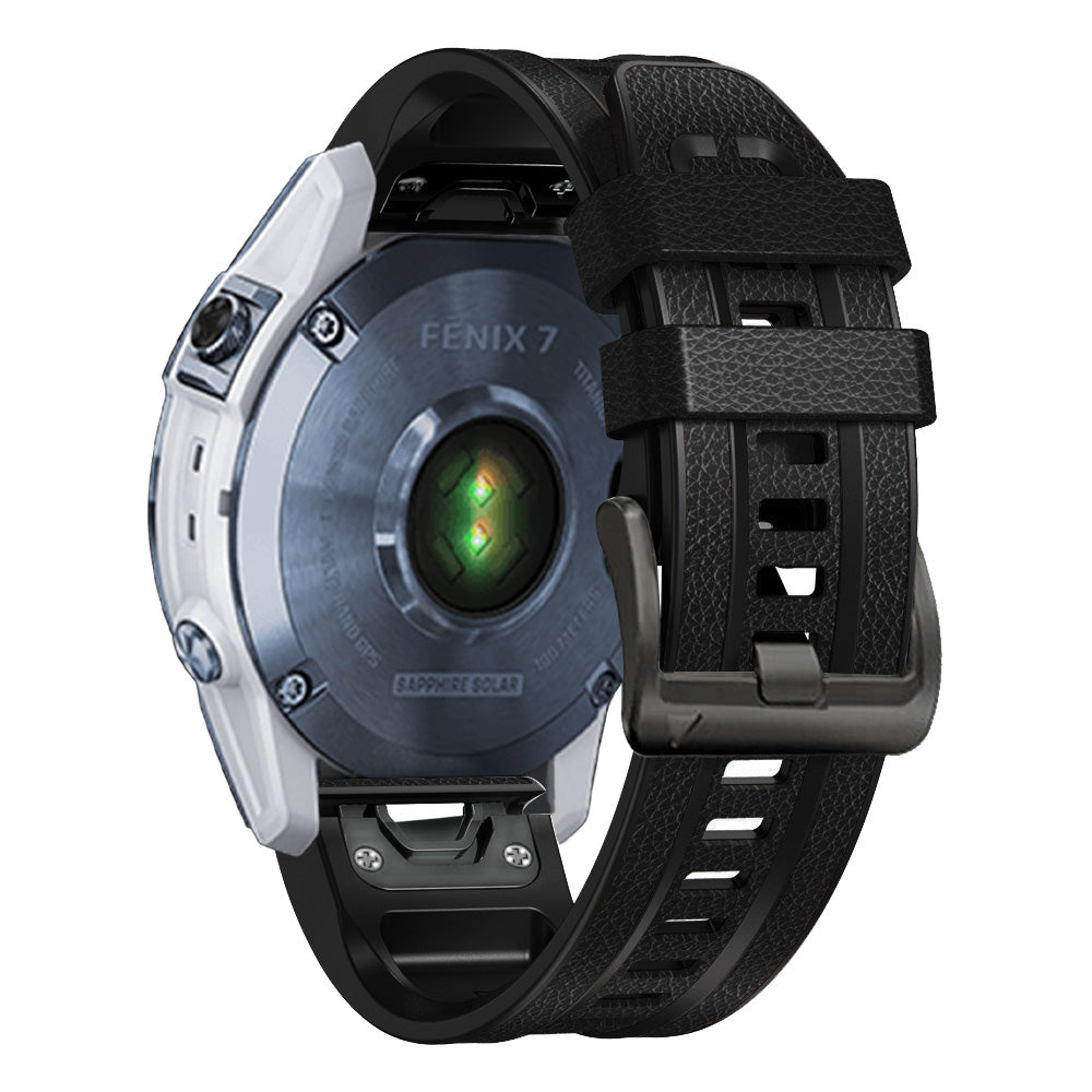 For Garmin Tactix 7 Pro / Fenix 7X / Fenix 6X Pro Quick Release Leather Coated Silicone Smart Watch Band Wrist Strap 26mm - Black