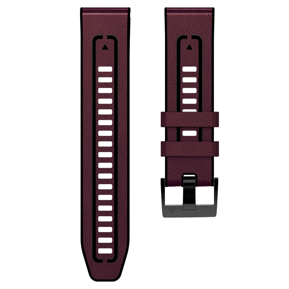 For Garmin Tactix 7 Pro / Fenix 7X / Fenix 6X Pro Quick Release Leather Coated Silicone Smart Watch Band Wrist Strap 26mm - Wine Red