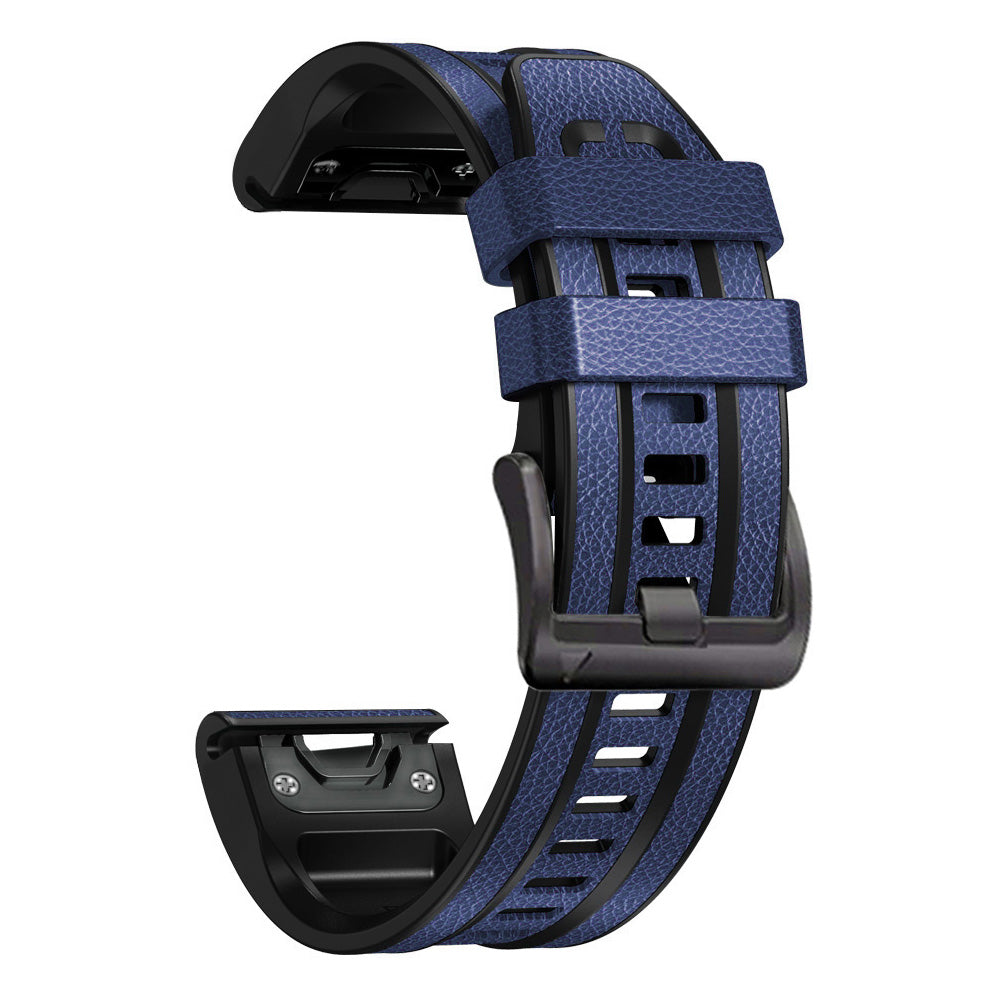 For Garmin Tactix 7 Pro / Fenix 7X / Fenix 6X Pro Quick Release Leather Coated Silicone Smart Watch Band Wrist Strap 26mm - Dark Blue