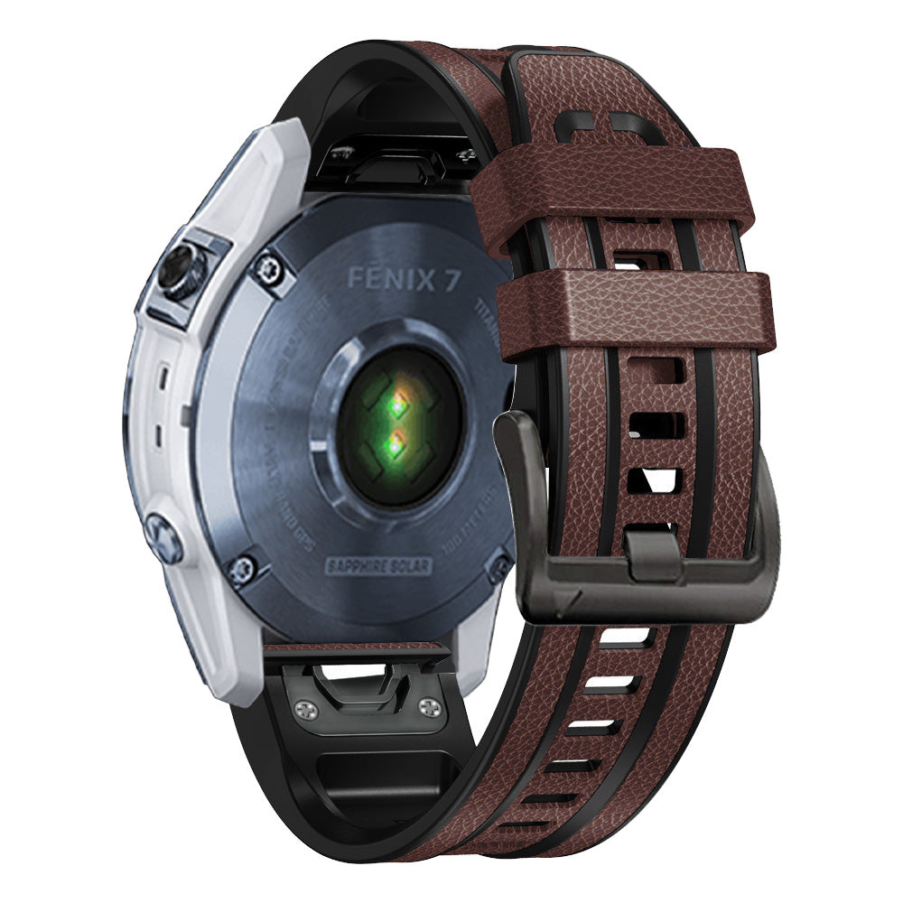 For Garmin Tactix 7 Pro / Fenix 7X / Fenix 6X Pro Quick Release Leather Coated Silicone Smart Watch Band Wrist Strap 26mm - Dark Brown