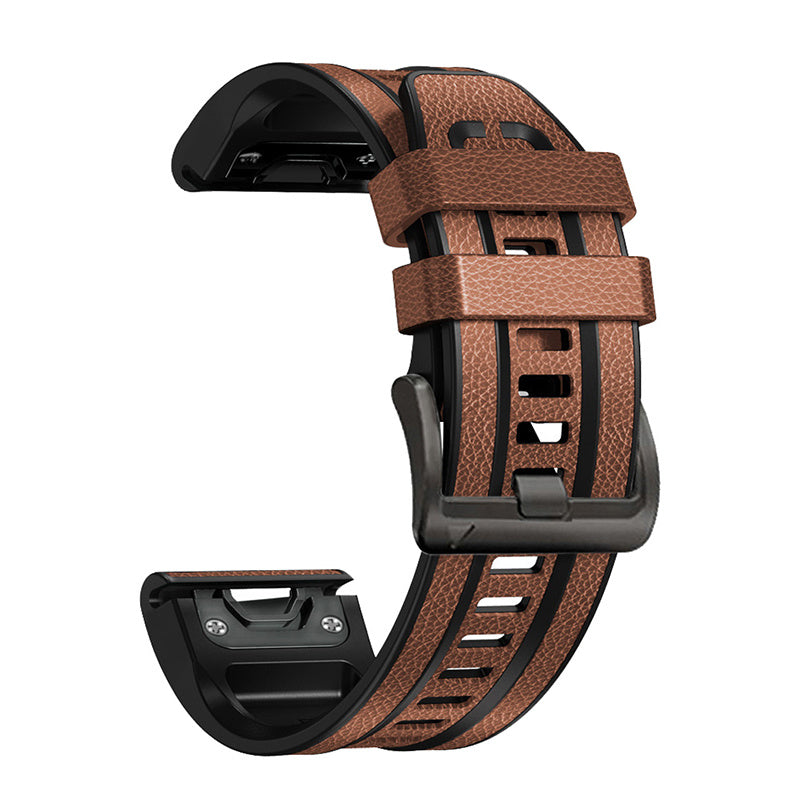 For Garmin Fenix 7X Quick Release Leather Coated Silicone Watch Band Replacement Wrist Strap 26mm - Brown