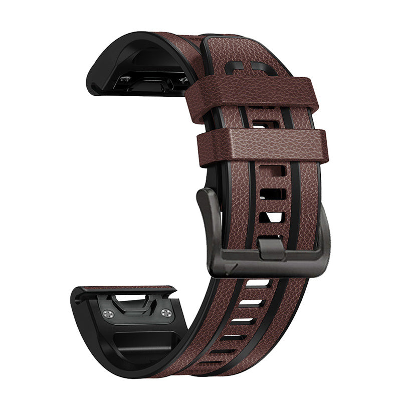 For Garmin Fenix 7X Quick Release Leather Coated Silicone Watch Band Replacement Wrist Strap 26mm - Dark Brown
