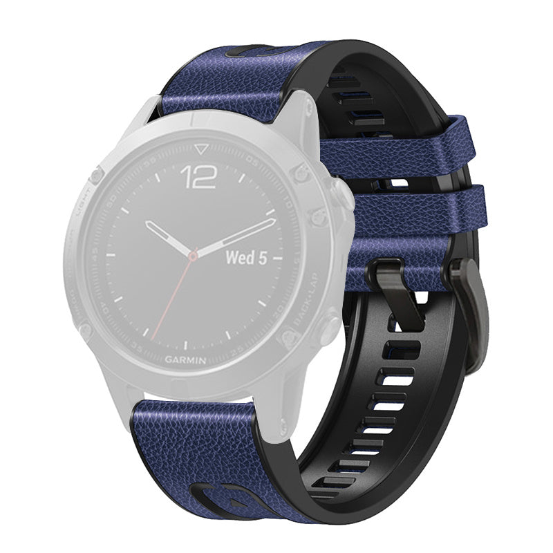 For Garmin Fenix 7X Quick Release Leather Coated Silicone Watch Band Replacement Wrist Strap 26mm - Dark Blue