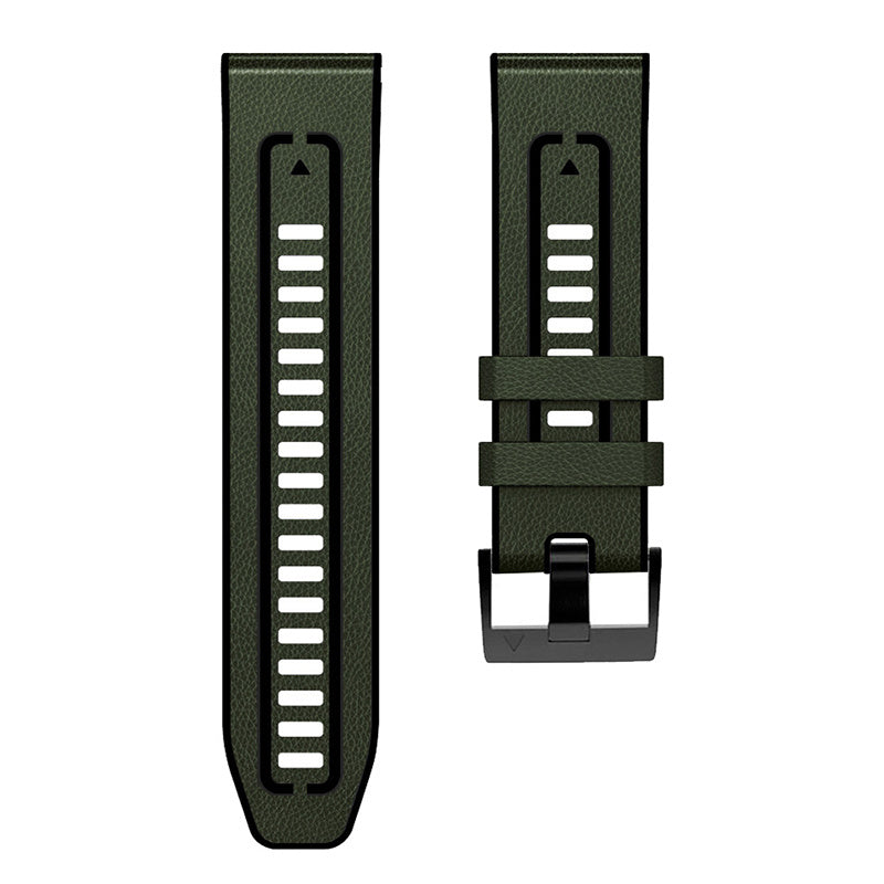 For Garmin Fenix 7X Quick Release Leather Coated Silicone Watch Band Replacement Wrist Strap 26mm - Army Green