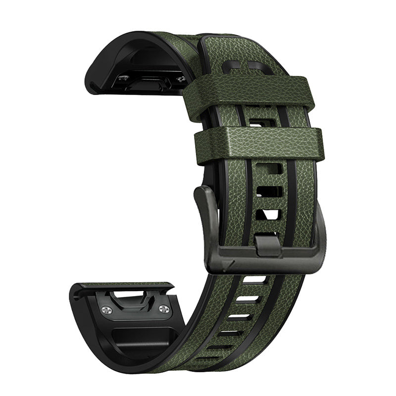 For Garmin Fenix 7X Quick Release Leather Coated Silicone Watch Band Replacement Wrist Strap 26mm - Army Green