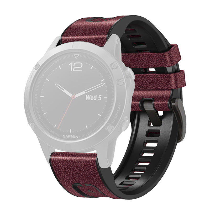 For Garmin Fenix 7X Quick Release Leather Coated Silicone Watch Band Replacement Wrist Strap 26mm - Wine Red