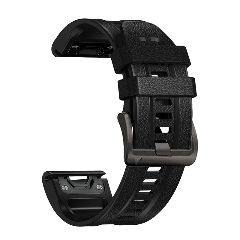 For Garmin Fenix 7X Quick Release Leather Coated Silicone Watch Band Replacement Wrist Strap 26mm - Black