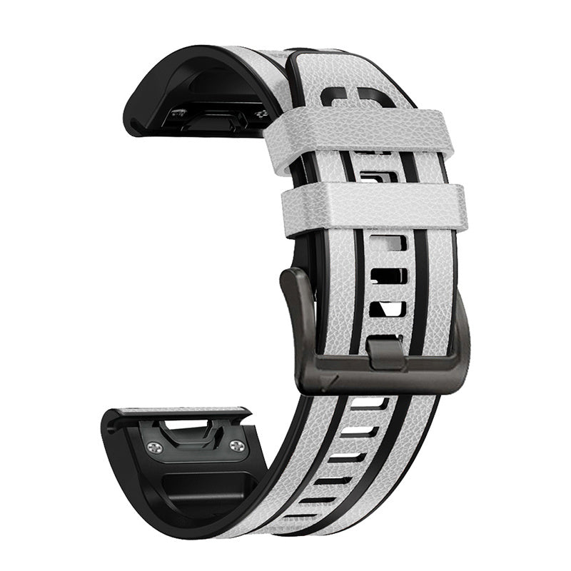 For Garmin Fenix 7X Quick Release Leather Coated Silicone Watch Band Replacement Wrist Strap 26mm - White