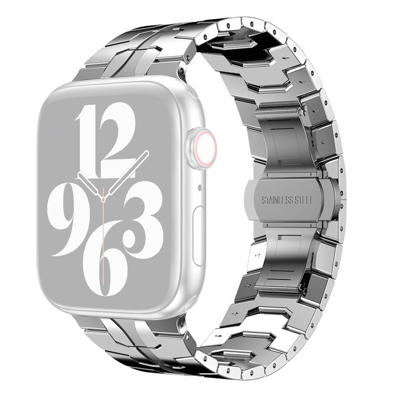 For Apple Watch Ultra 49mm / Series 8 45mm / 7 45mm / Series / 4 / 5 / 6 / SE 44mm / SE (2022) 44mm / Series 3 / 2 / 1 42mm Anti-wear Stainless Steel Smart Watch Strap Wrist Band with Buckle Design - Silver