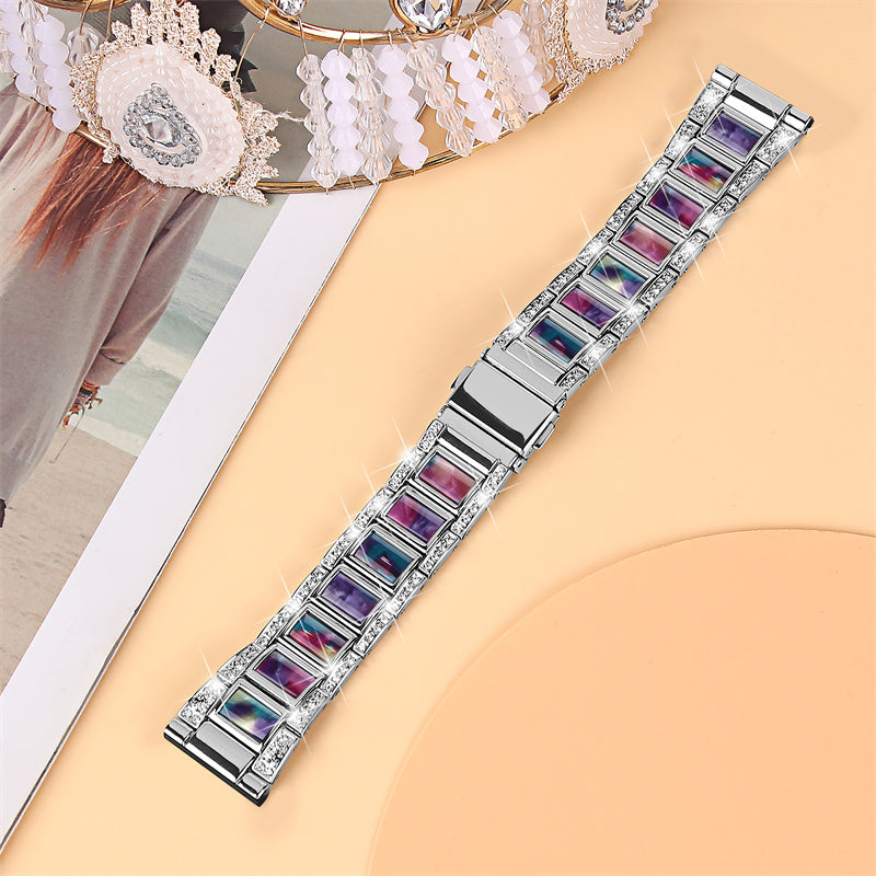 For Huawei Watch GT 2 42mm / Watch 2 / Honor Magic Watch 2 42mm Stainless Steel + Resin Watch Strap Quick Release Watch Band Rhinestone Decoration Watchband - Silver / Purple Green Flower