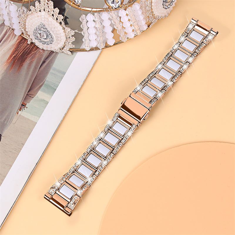 For Huawei Watch GT 2 42mm / Watch 2 / Honor MagicWatch 2 42mm Stainless Steel Watch Band Rhinestone Decor Resin Wrist Strap - Rose Gold / White