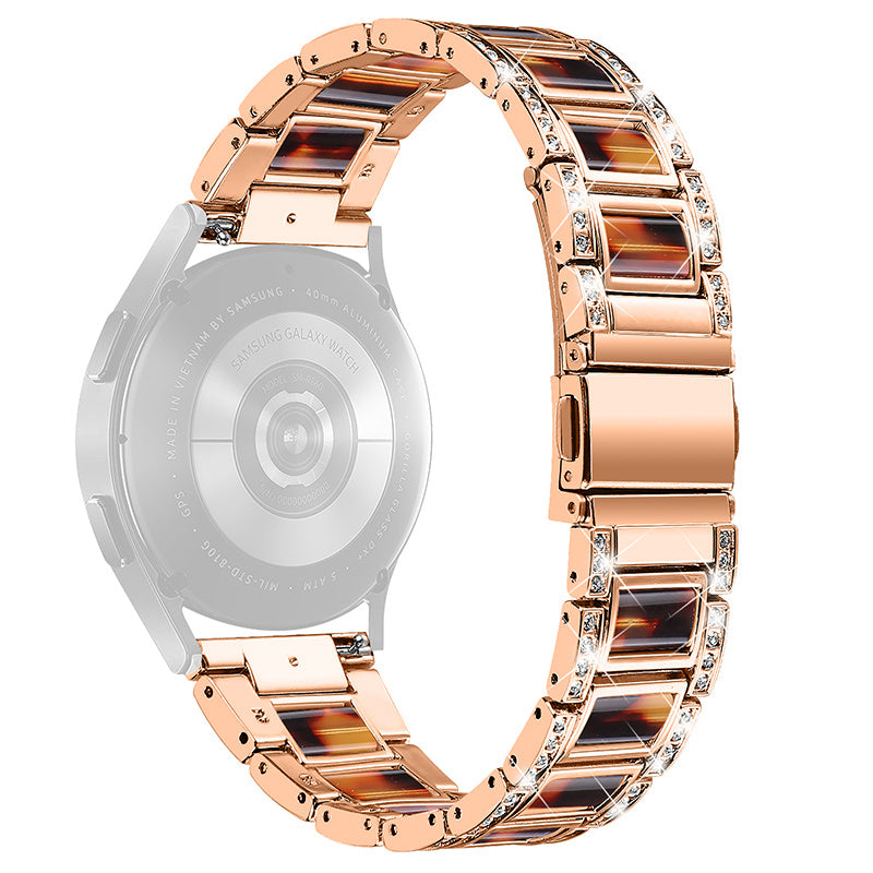 For Huawei Watch GT 2 42mm / Watch 2 / Honor MagicWatch 2 42mm Stainless Steel Watch Band Rhinestone Decor Resin Wrist Strap - Rose Gold / Tortoiseshell Color