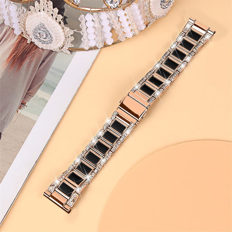 For Huawei Watch GT 2 42mm / Watch 2 / Honor MagicWatch 2 42mm Stainless Steel Watch Band Rhinestone Decor Resin Wrist Strap - Rose Gold / Black