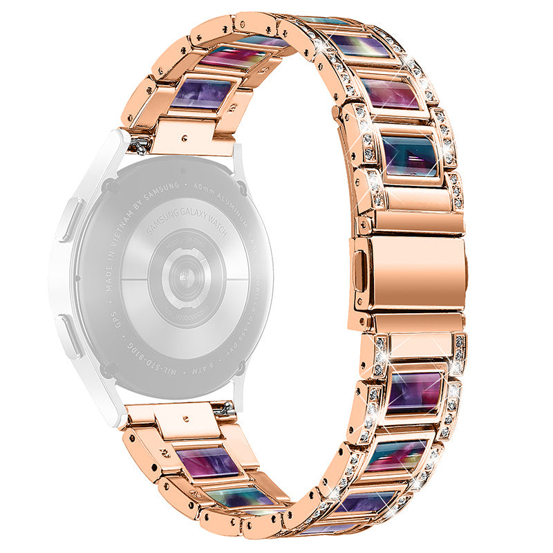 For Huawei Watch GT 2 42mm / Watch 2 / Honor MagicWatch 2 42mm Stainless Steel Watch Band Rhinestone Decor Resin Wrist Strap - Rose Gold / Purple Green Mix