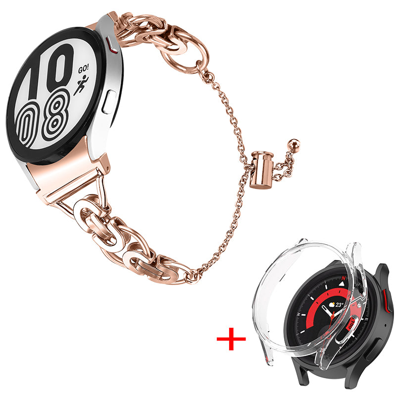 For Samsung Galaxy Watch 5 44mm Stainless Steel Band Bead Decor Bangle Bracelet with PC Protective Frame Cover - Rose Gold + Transparent Watch Frame