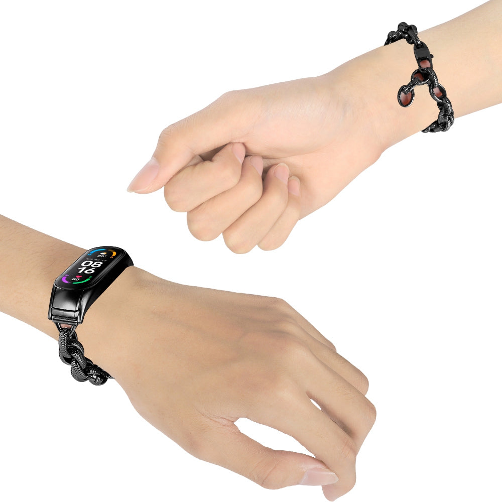 For Xiaomi Mi Band 5 / 6 Cowboy Chain Metal Wave Watch Band Bracelet Hollow Out Replacement Wrist Strap - Black