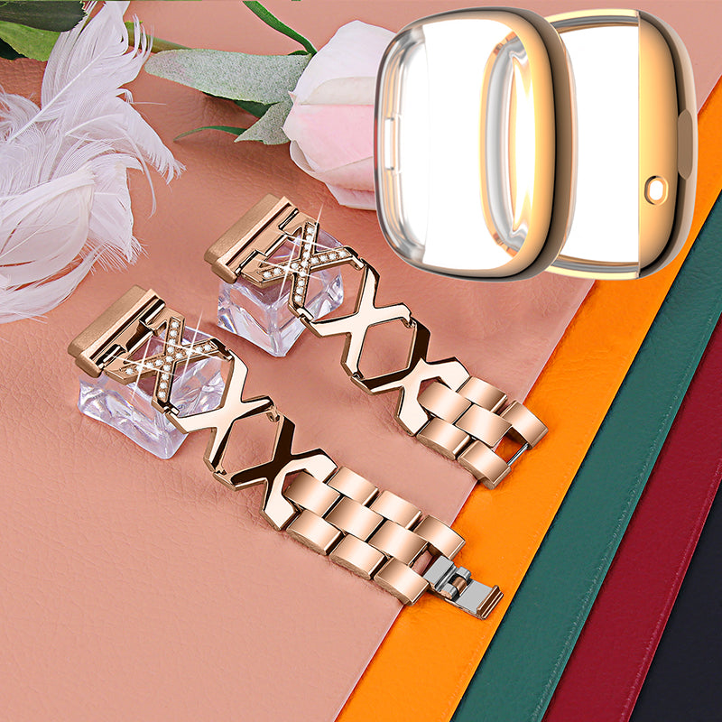 For Fitbit Versa 3 / Sense Watch Band Bracelet X-shaped Hollow Shiny Rhinestone Wrist Strap with Rose Gold Full Cover TPU Watch Case - Rose Gold