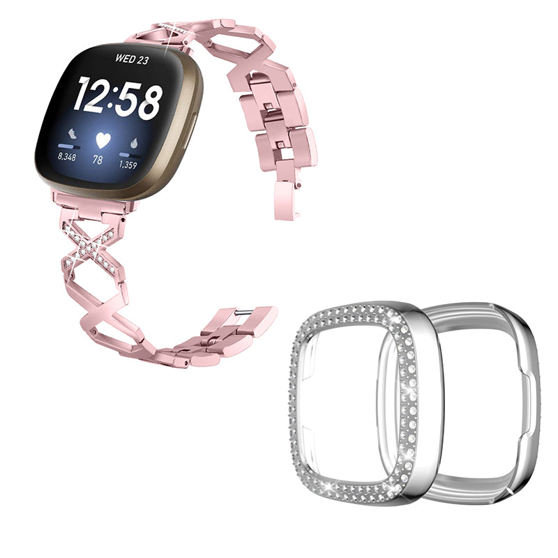 For Fitbit Versa 3 / Sense Stylish X-Shape Design Stainless Steel Bracelet Wrist Strap + Two Row Rhinestones Silver Watch Case - Rose Pink