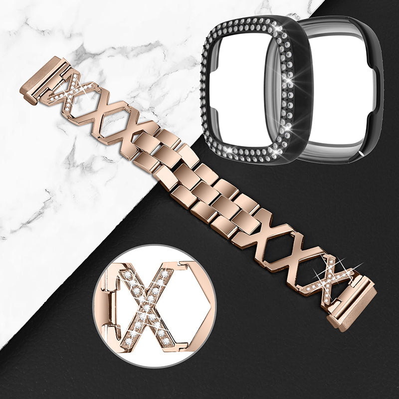 For Fitbit Versa 3 / Sense Stylish X-Shape Design Stainless Steel Smartwatch Wrist Strap + Two Row Rhinestones Black Protective Case - Gold