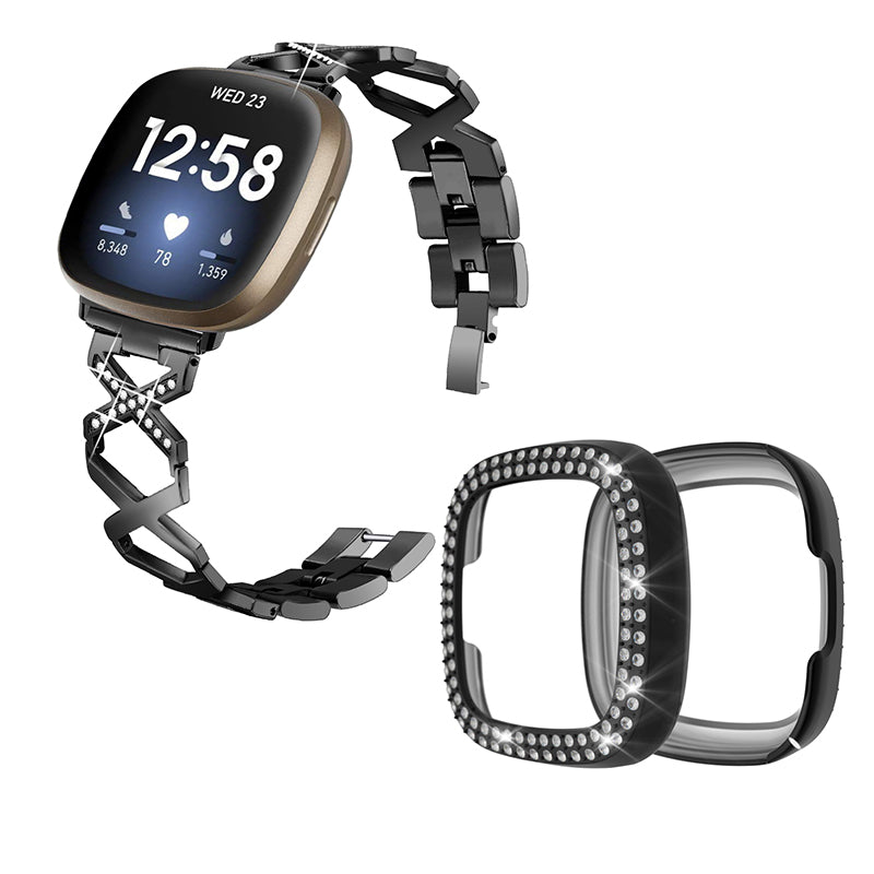 For Fitbit Versa 3 / Sense Stylish X-Shape Design Stainless Steel Smartwatch Wrist Strap + Two Row Rhinestones Black Protective Case - Black