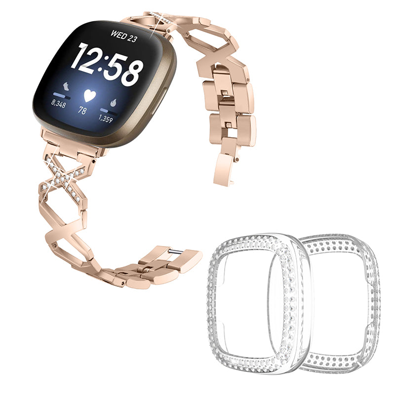 For Fitbit Versa 3 / Sense X-Shape Design Stainless Steel Bracelet Replacement Wrist Strap + Two Row Rhinestones Transparent Anti-scratch Watch Case - Gold