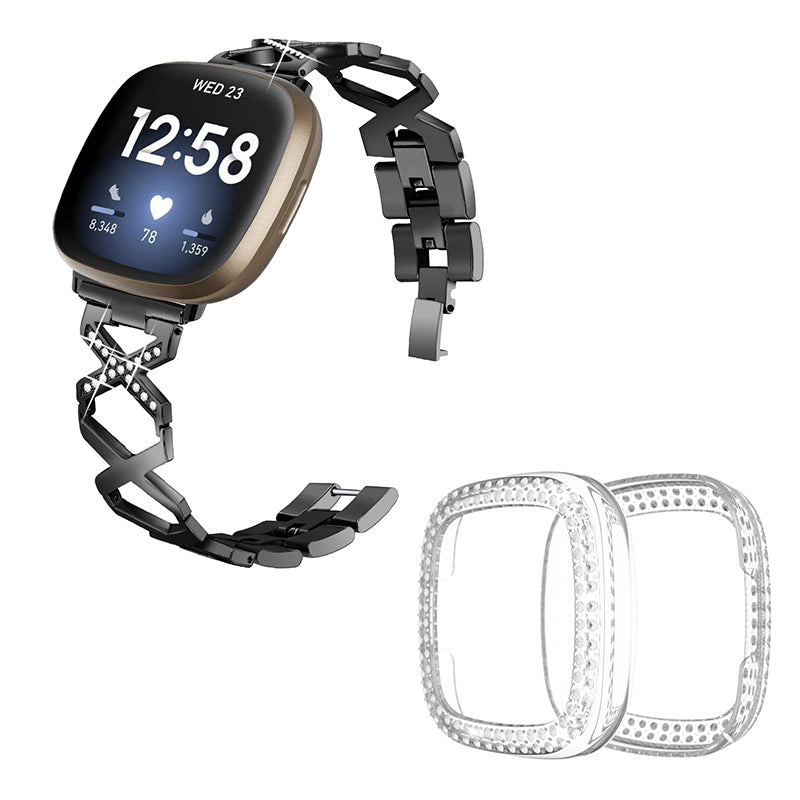 For Fitbit Versa 3 / Sense X-Shape Design Stainless Steel Bracelet Replacement Wrist Strap + Two Row Rhinestones Transparent Anti-scratch Watch Case - Black