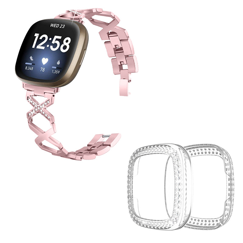 For Fitbit Versa 3 / Sense X-Shape Design Stainless Steel Bracelet Replacement Wrist Strap + Two Row Rhinestones Transparent Anti-scratch Watch Case - Rose Pink