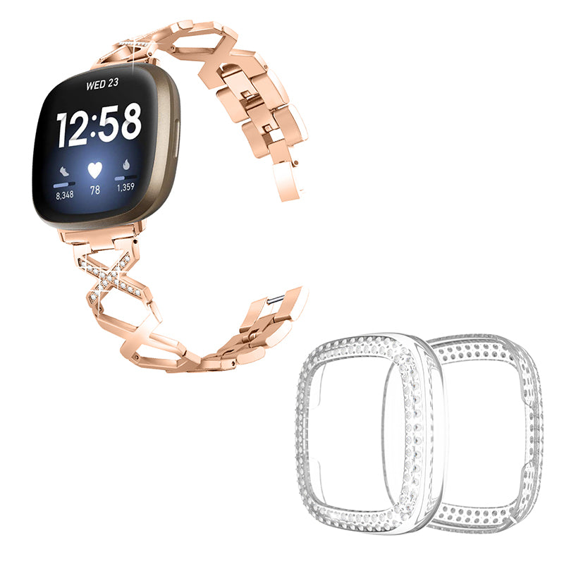 For Fitbit Versa 3 / Sense X-Shape Design Stainless Steel Bracelet Replacement Wrist Strap + Two Row Rhinestones Transparent Anti-scratch Watch Case - Rose Gold