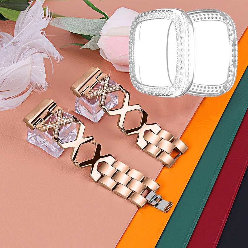 For Fitbit Versa 3 / Sense X-Shape Design Stainless Steel Bracelet Replacement Wrist Strap + Two Row Rhinestones Transparent Anti-scratch Watch Case - Rose Gold