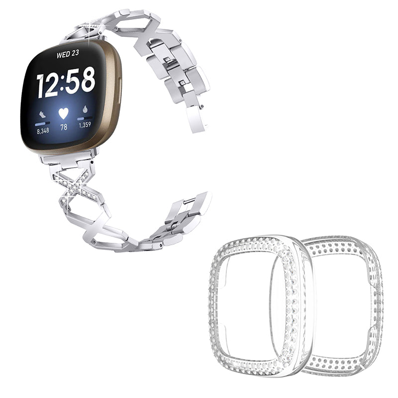 For Fitbit Versa 3 / Sense X-Shape Design Stainless Steel Bracelet Replacement Wrist Strap + Two Row Rhinestones Transparent Anti-scratch Watch Case - Silver