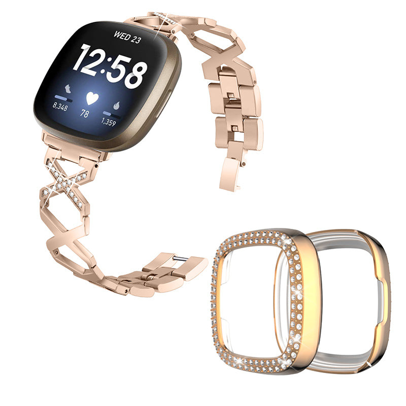 For Fitbit Versa 3 / Sense Stylish X-Shape Design Stainless Steel Smartwatch Strap + Two Row Rhinestones Rose Gold Protective Case - Gold