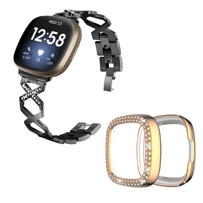 For Fitbit Versa 3 / Sense Stylish X-Shape Design Stainless Steel Smartwatch Strap + Two Row Rhinestones Rose Gold Protective Case - Black
