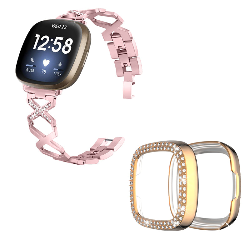 For Fitbit Versa 3 / Sense Stylish X-Shape Design Stainless Steel Smartwatch Strap + Two Row Rhinestones Rose Gold Protective Case - Rose Pink