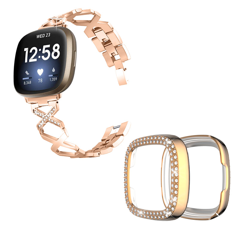 For Fitbit Versa 3 / Sense Stylish X-Shape Design Stainless Steel Smartwatch Strap + Two Row Rhinestones Rose Gold Protective Case - Rose Gold