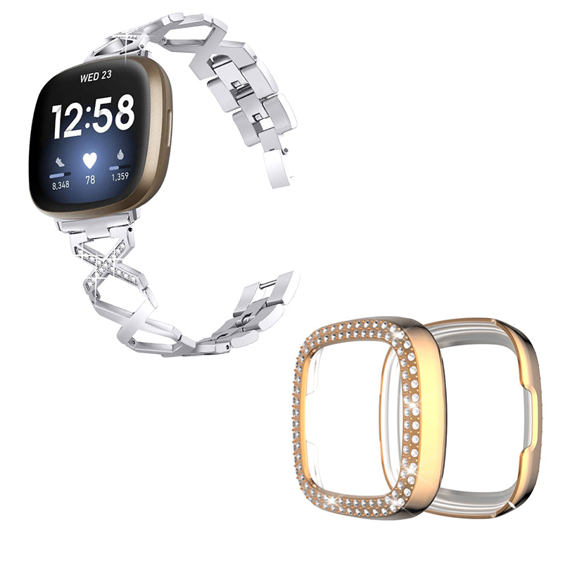 For Fitbit Versa 3 / Sense Stylish X-Shape Design Stainless Steel Smartwatch Strap + Two Row Rhinestones Rose Gold Protective Case - Silver