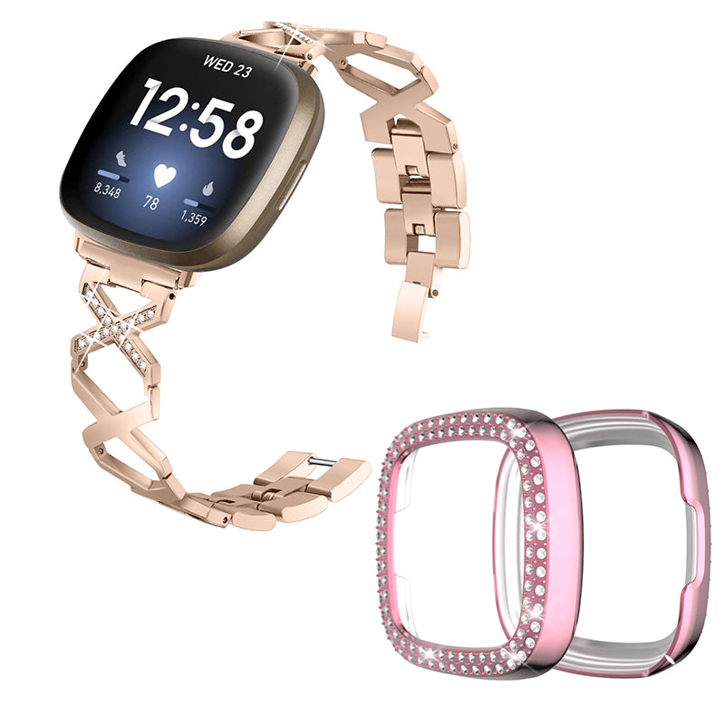 For Fitbit Versa 3 / Sense X-Shape Design Smartwatch Wrist Band Stainless Steel Bracelet + Two Row Rhinestones Rose Pink Watch Case - Gold