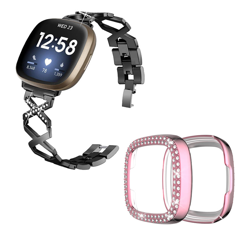 For Fitbit Versa 3 / Sense X-Shape Design Smartwatch Wrist Band Stainless Steel Bracelet + Two Row Rhinestones Rose Pink Watch Case - Black
