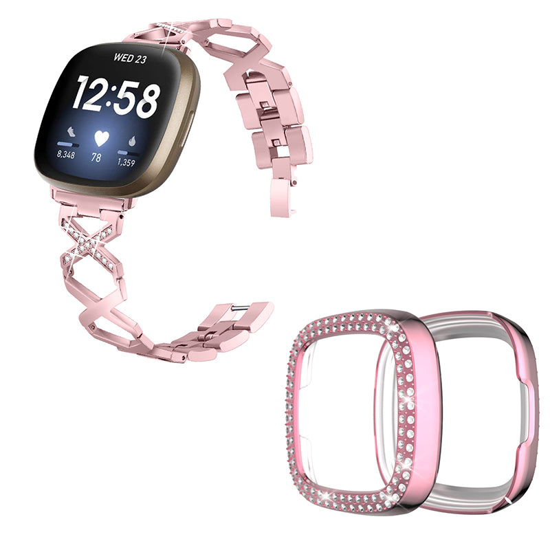 For Fitbit Versa 3 / Sense X-Shape Design Smartwatch Wrist Band Stainless Steel Bracelet + Two Row Rhinestones Rose Pink Watch Case - Rose Pink