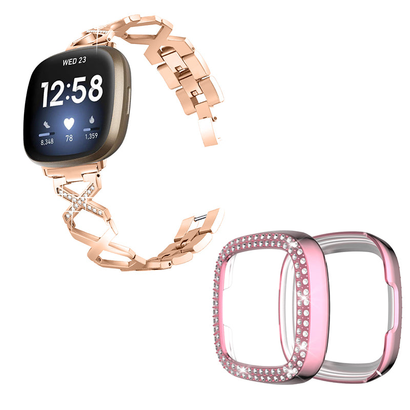 For Fitbit Versa 3 / Sense X-Shape Design Smartwatch Wrist Band Stainless Steel Bracelet + Two Row Rhinestones Rose Pink Watch Case - Rose Gold