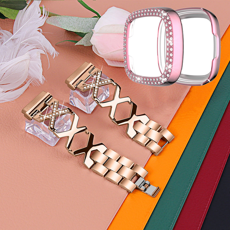 For Fitbit Versa 3 / Sense X-Shape Design Smartwatch Wrist Band Stainless Steel Bracelet + Two Row Rhinestones Rose Pink Watch Case - Rose Gold