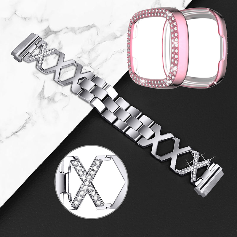 For Fitbit Versa 3 / Sense X-Shape Design Smartwatch Wrist Band Stainless Steel Bracelet + Two Row Rhinestones Rose Pink Watch Case - Silver