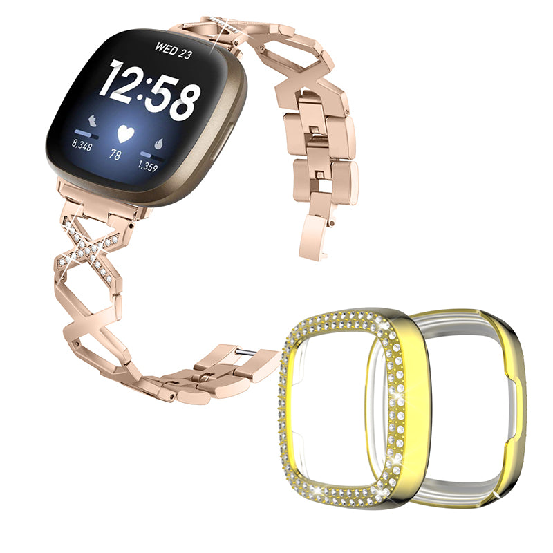 For Fitbit Versa 3 / Sense X-Shape Design Stainless Steel Bracelet Stylish Wrist Band + Two Row Rhinestones Gold Watch Case - Gold