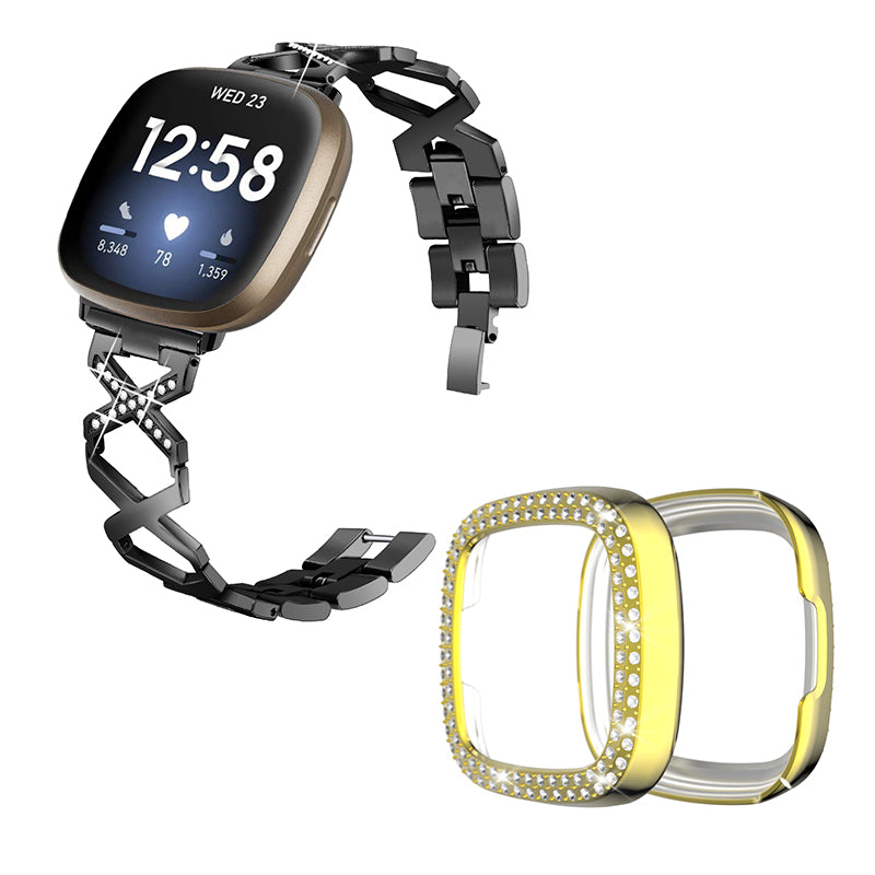For Fitbit Versa 3 / Sense X-Shape Design Stainless Steel Bracelet Stylish Wrist Band + Two Row Rhinestones Gold Watch Case - Black
