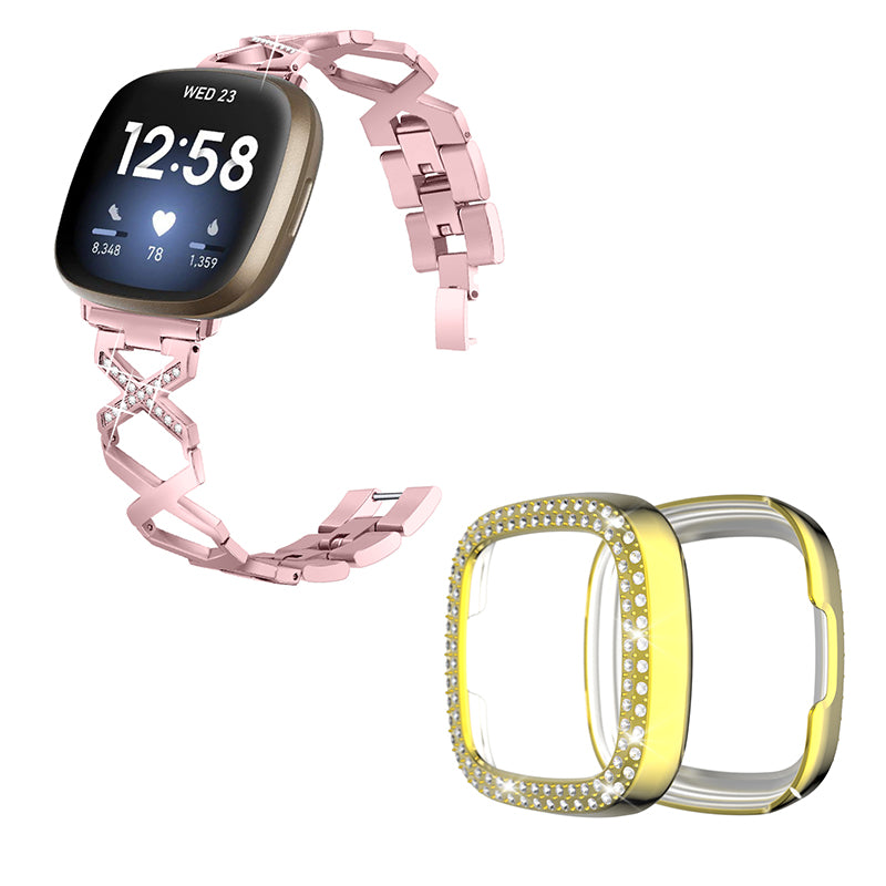 For Fitbit Versa 3 / Sense X-Shape Design Stainless Steel Bracelet Stylish Wrist Band + Two Row Rhinestones Gold Watch Case - Rose Pink