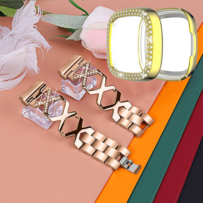 For Fitbit Versa 3 / Sense X-Shape Design Stainless Steel Bracelet Stylish Wrist Band + Two Row Rhinestones Gold Watch Case - Rose Gold