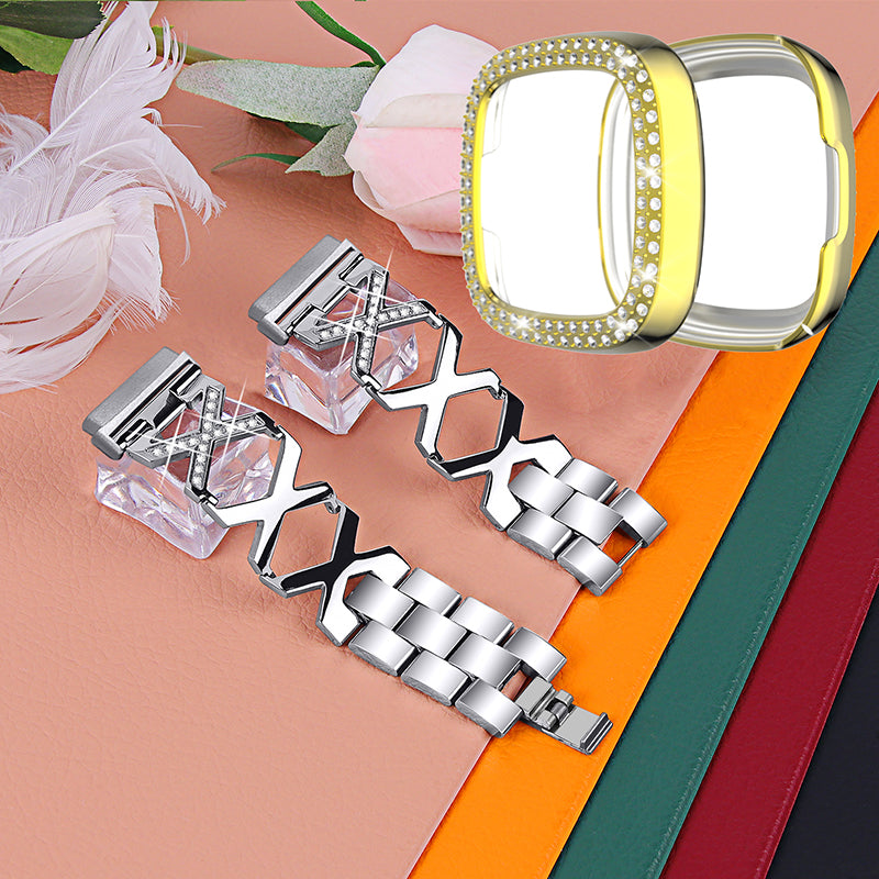 For Fitbit Versa 3 / Sense X-Shape Design Stainless Steel Bracelet Stylish Wrist Band + Two Row Rhinestones Gold Watch Case - Silver