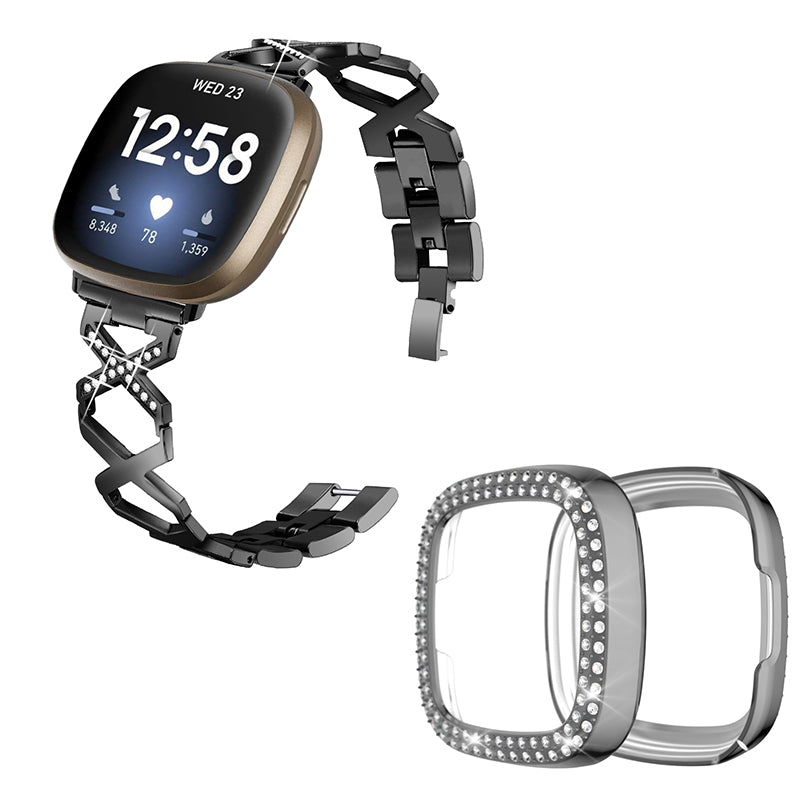 For Fitbit Versa 3 / Sense X-Shape Design Stainless Steel Bracelet Replacement Strap + Two Row Rhinestones Grey Watch Protective Case - Black