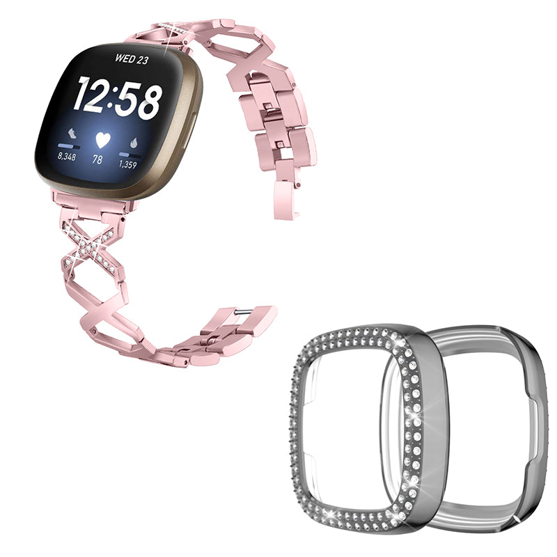 For Fitbit Versa 3 / Sense X-Shape Design Stainless Steel Bracelet Replacement Strap + Two Row Rhinestones Grey Watch Protective Case - Rose Pink